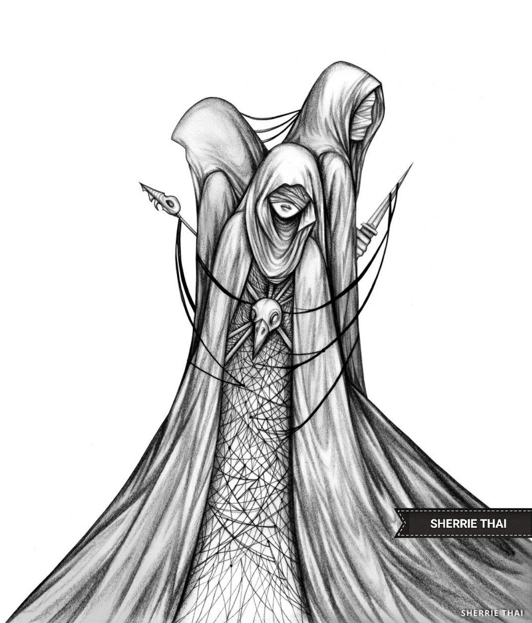 1070x1252 The Fates, Dark Fantasy Sketch Illustration Drawing. Black