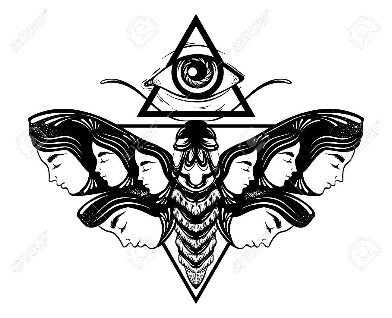 1300x1055 Vector Hand Drawn Illustration Of Moth With Female Faces On
