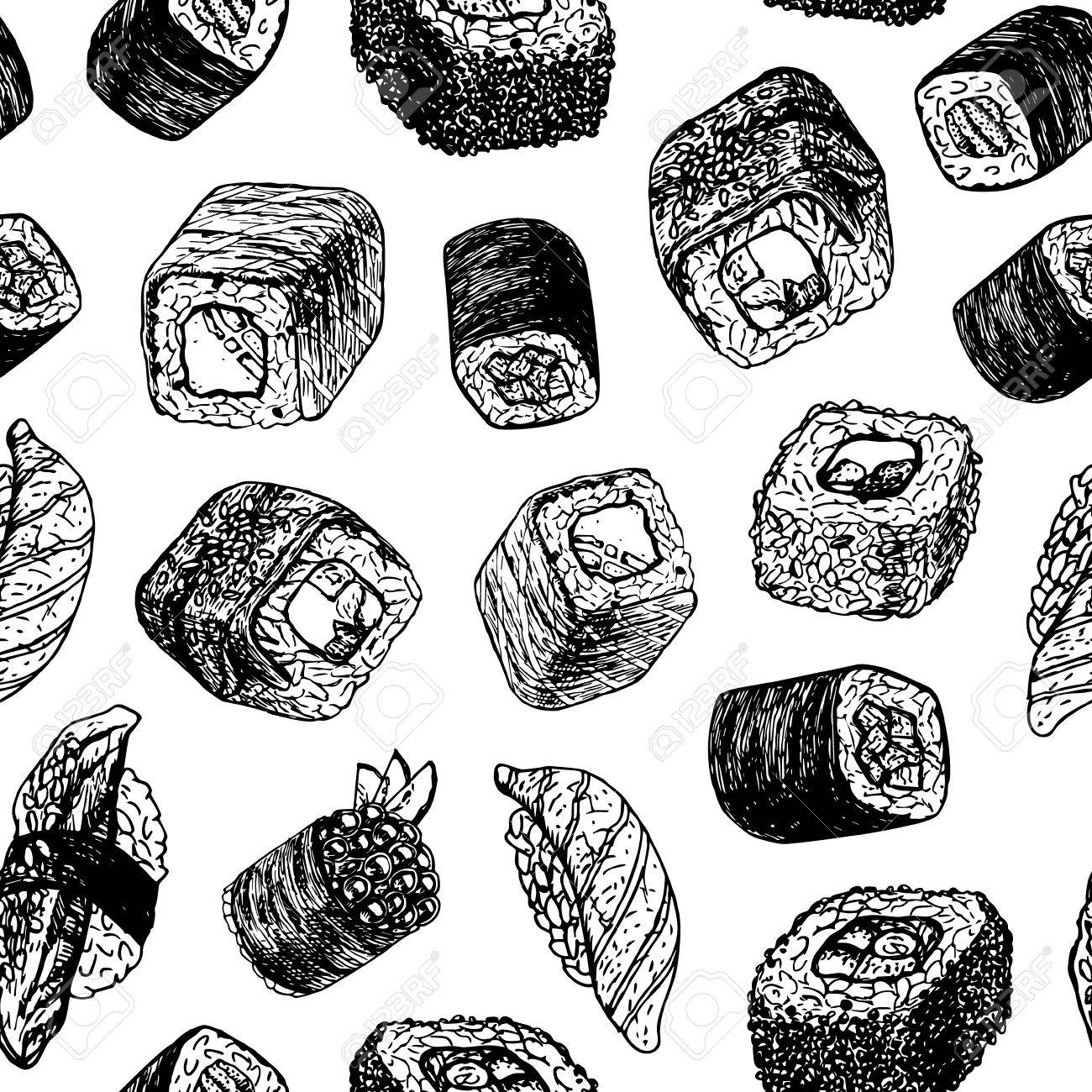 1300x1300 Hand Drawn Sushi And Rolls Pattern Vintage Style. Cliparty