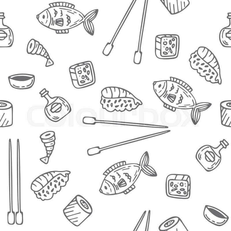 800x800 Sushi And Rolls Seamless Pattern. Hand Drawn Sketch Japanese Food