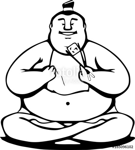 450x500 An Isolated Fat Japanese Sumo Man Sitting And Eating Sushi Roll By