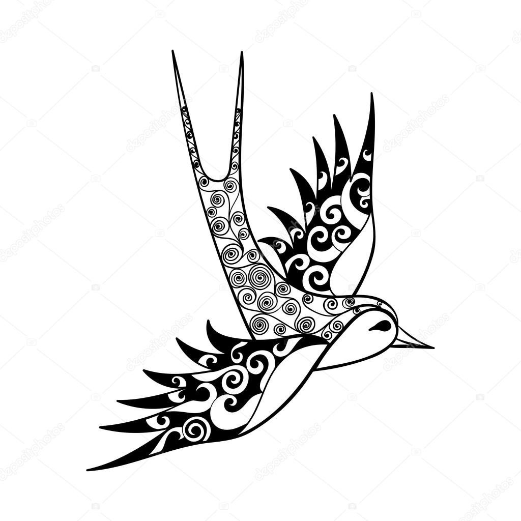 1024x1024 Hand Drawn Tribal Swallow, Bird Totem For Adult Coloring Page