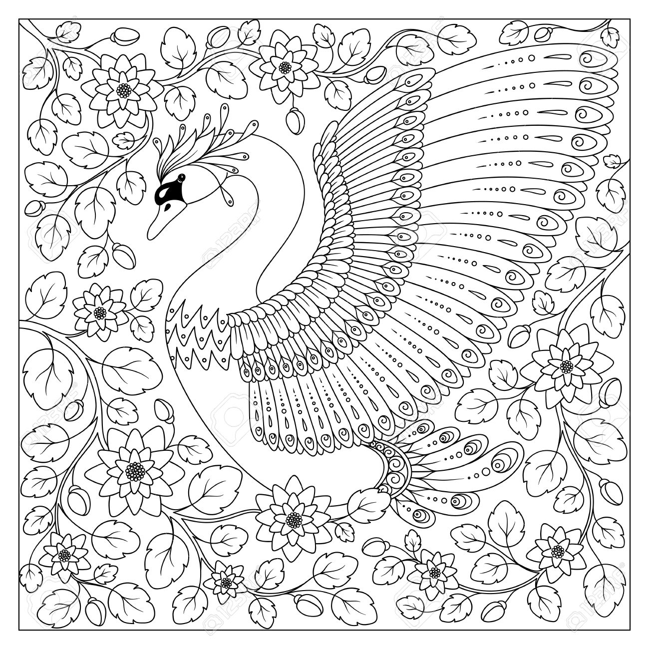 1300x1300 Hand Drawing Artistic Swan Flowers For Adult Coloring Pages