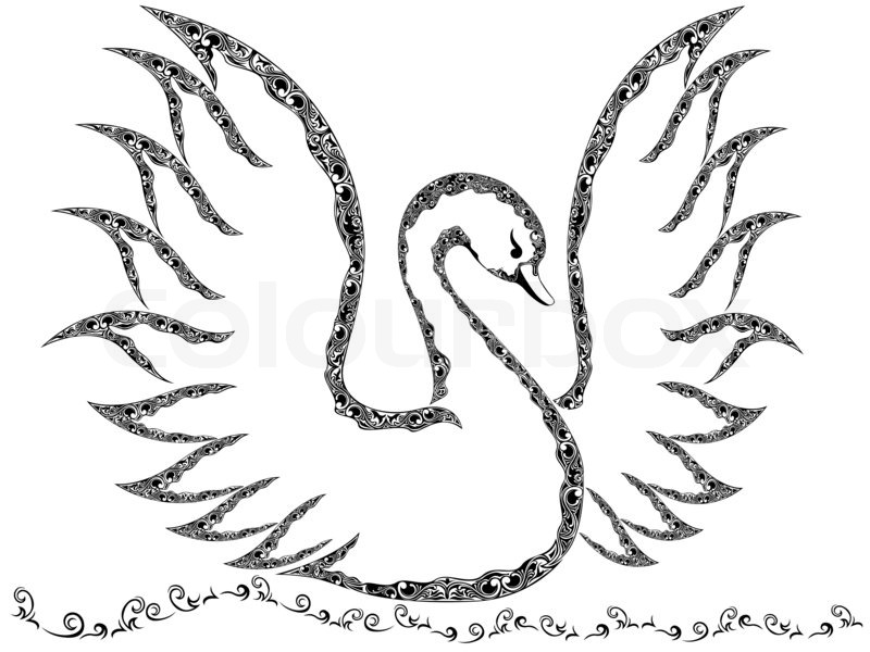 800x600 Ornamental Swan With Raised Wings Floating On The Water, Outline