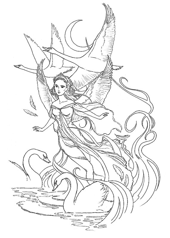 570x795 Swan Princess Ink Drawing Coloring Page Instant Download