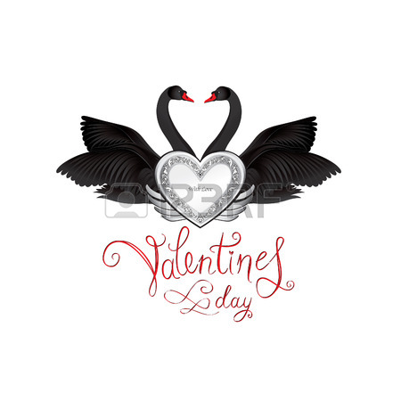 450x450 Birds In Love. Couple Of Swans Silhouette. Two Love Hearts Concept