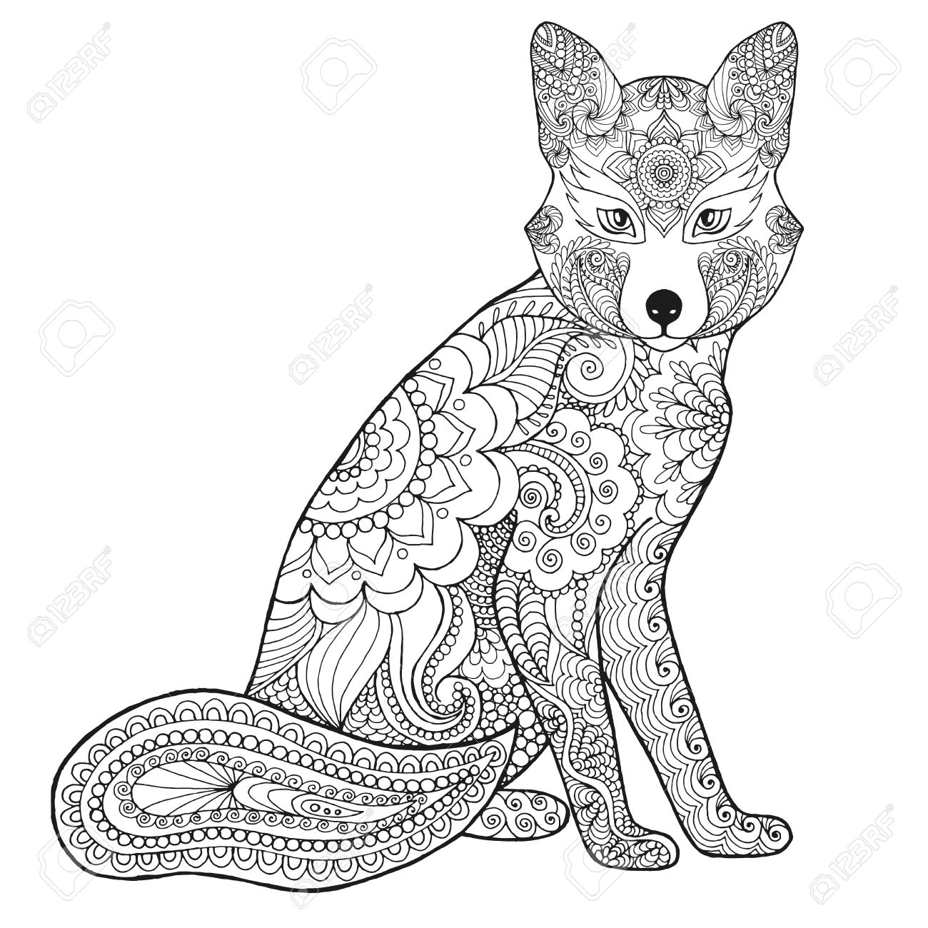1300x1300 Fox. Black White Hand Drawn Doodle Animal. Ethnic Patterned Vector