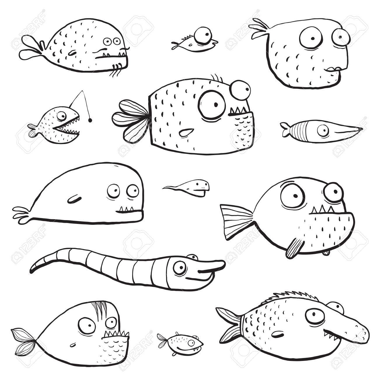 1299x1300 Black Outline Humor Cartoon Swimming Fish Characters Collection