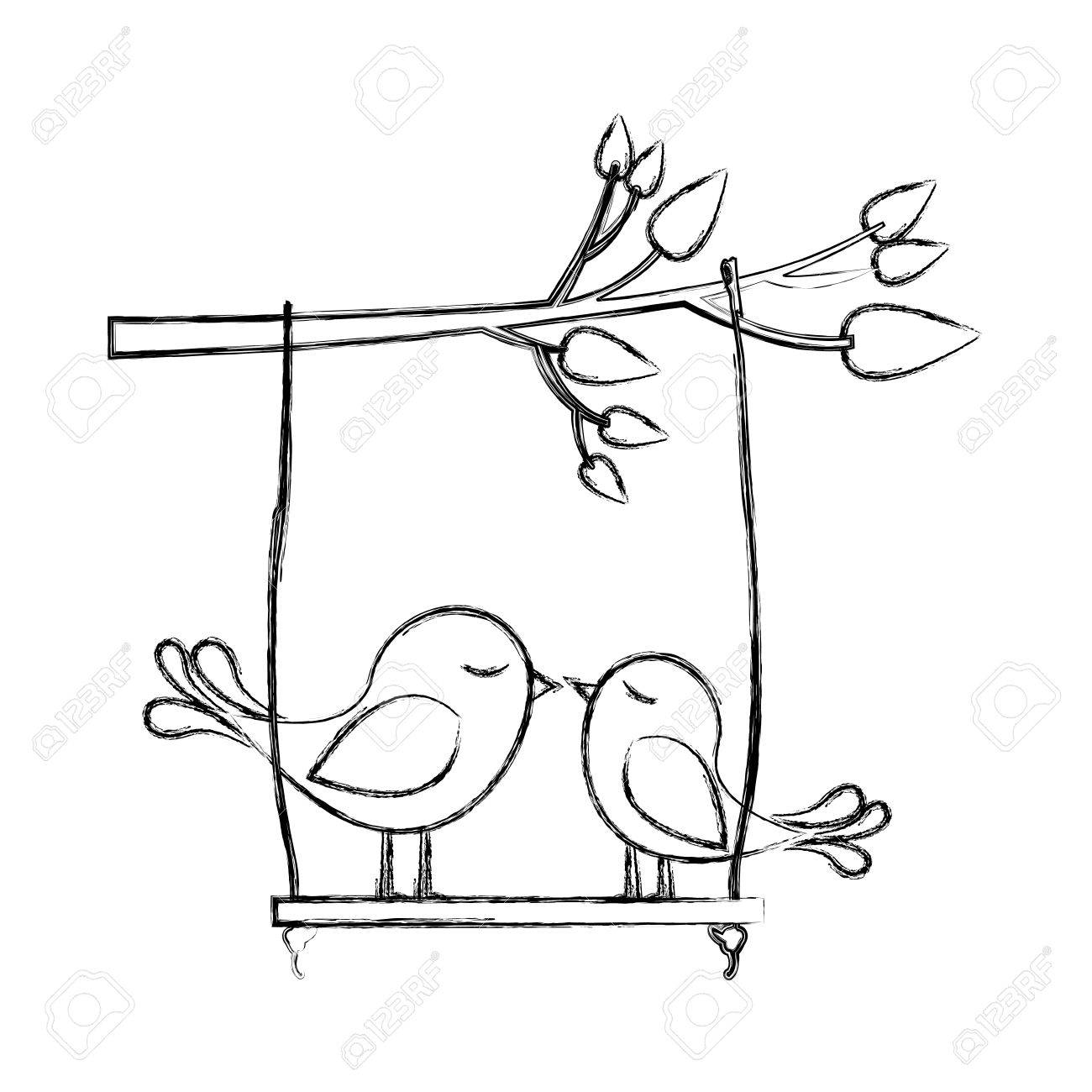 1300x1300 Monochrome Sketch Of Tree Branch With Swing And Couple Of Birds