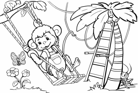 480x325 Monkey Is Swinging From The Tree Coloring Page Free Printable