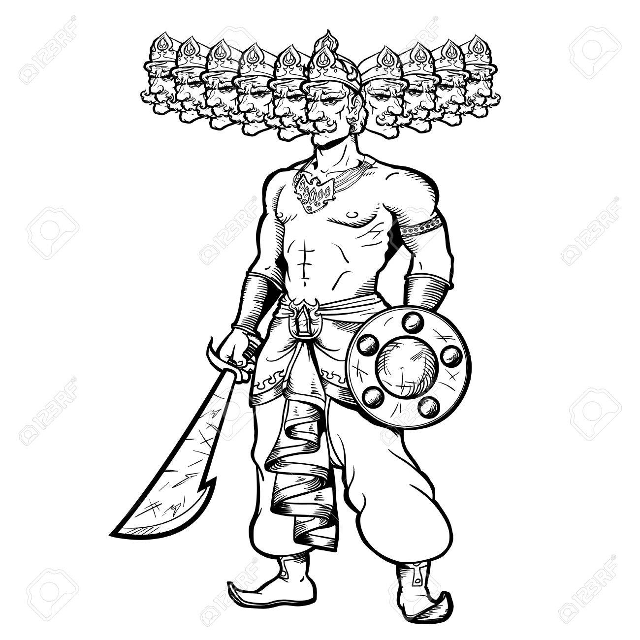 1300x1300 India God With Ten Goals. Ravana Holding A Sword And Shield. Stock
