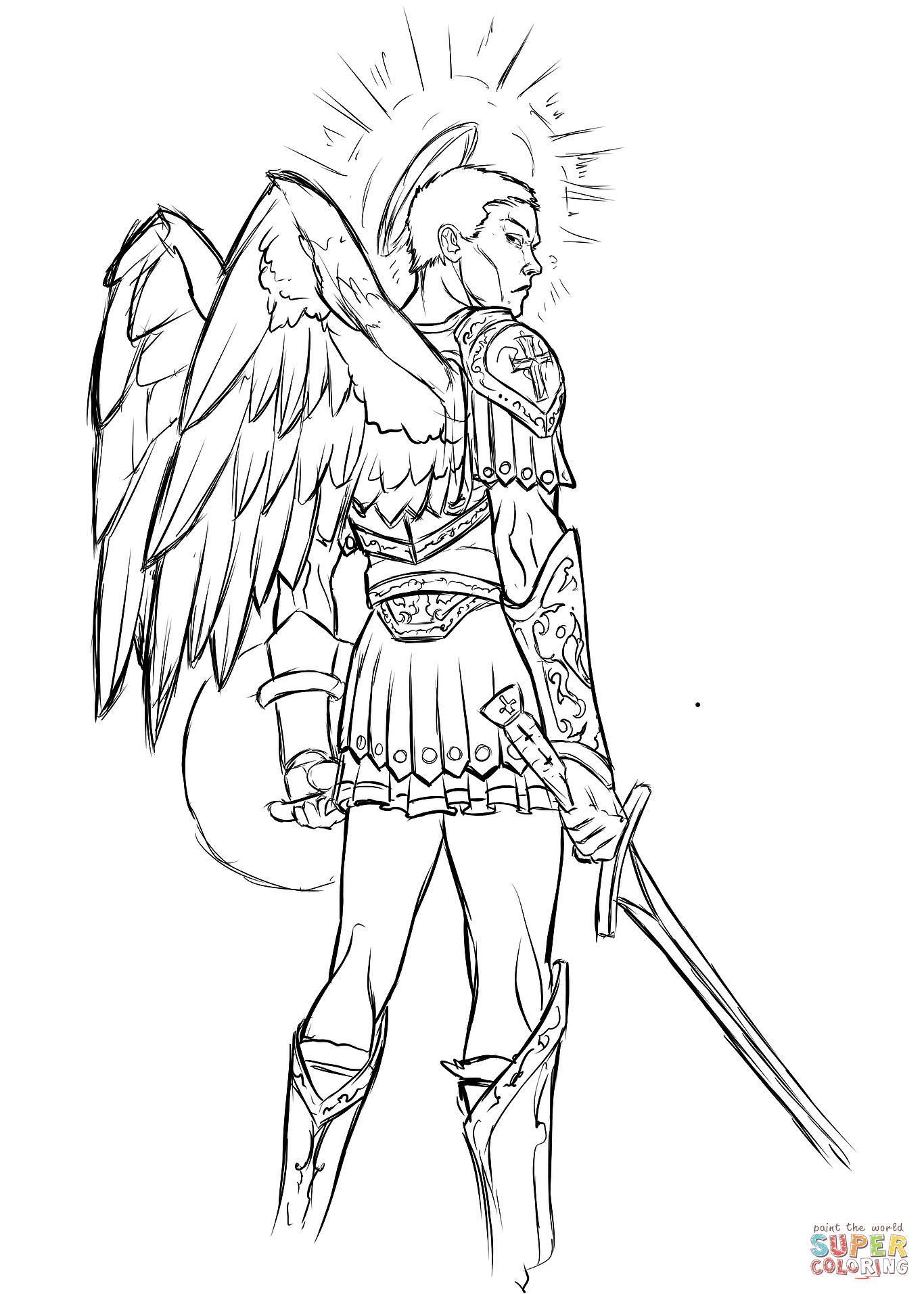 1366x1913 Angel With Sword And Shield Coloring Page Free Printable