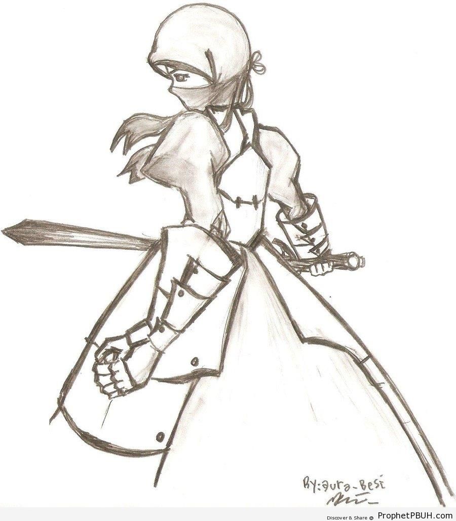 900x1028 Line Art Of Girl With Sword Drawings Prophet Pbuh (Peace Be