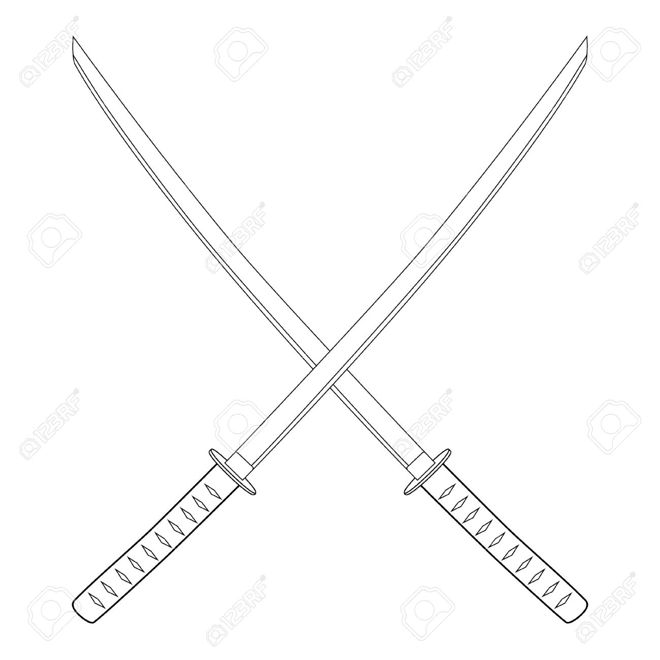 1300x1300 Vector Illustration Crossed Japanese Katana Swords Outline Drawing