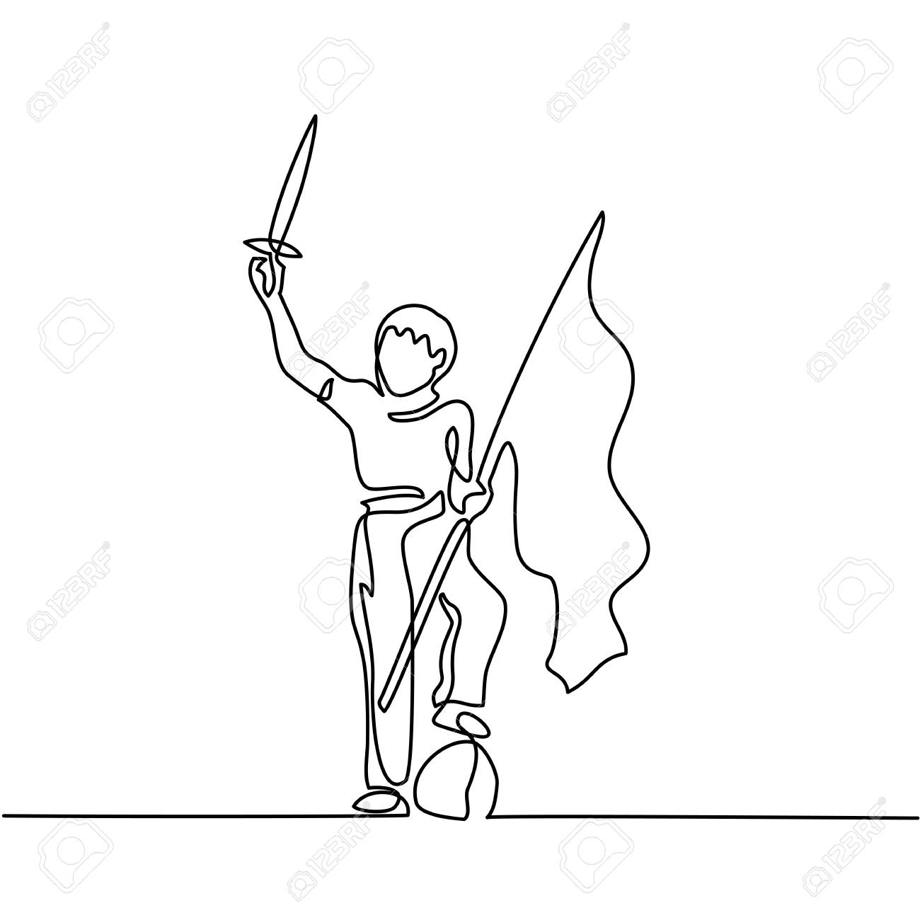 1300x1300 Continuous Line Drawing. Young Boy Playing With Sword And Flag