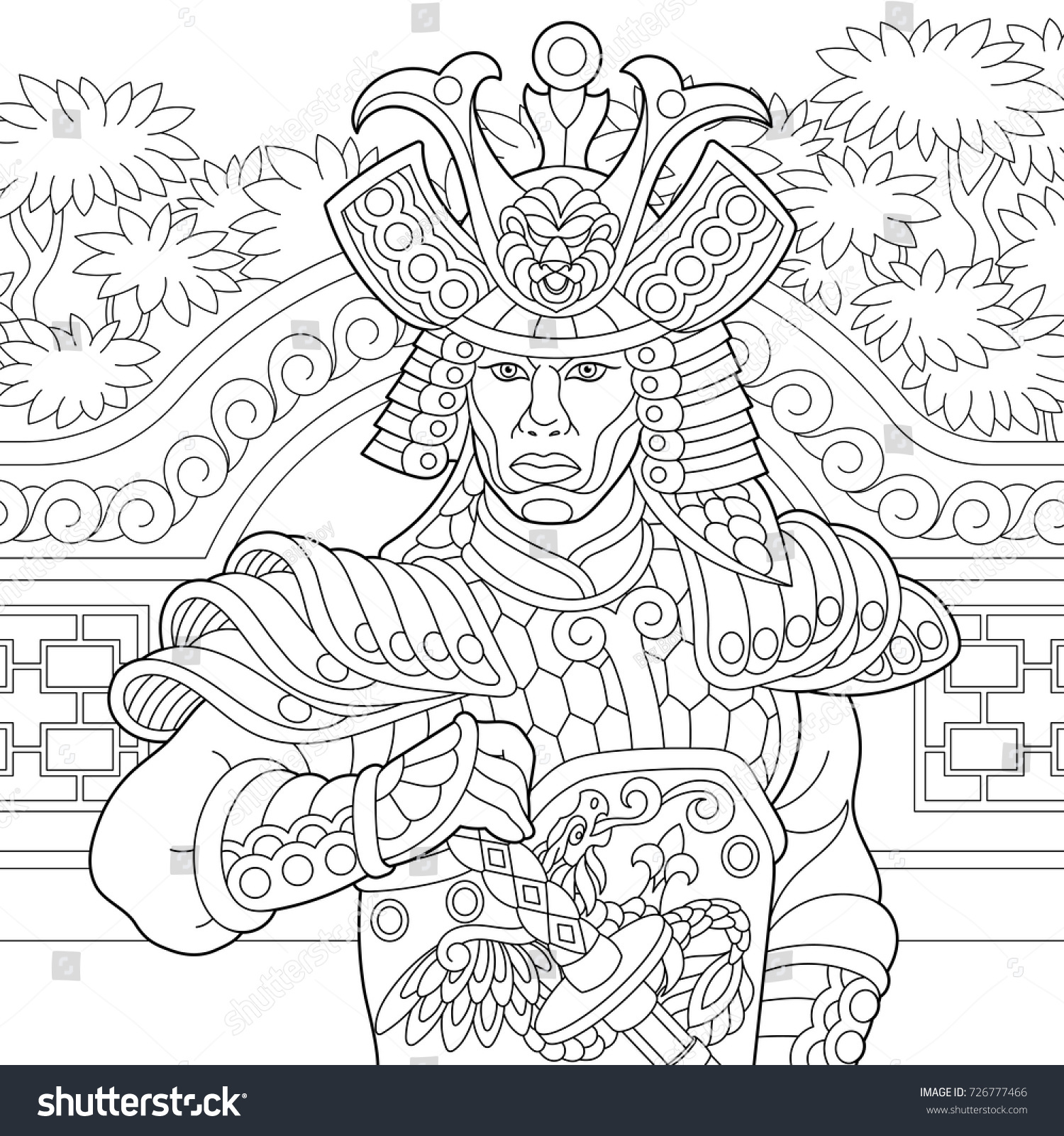 1500x1600 Coloring Page Of Japanese Samurai With Katana Sword. Freehand
