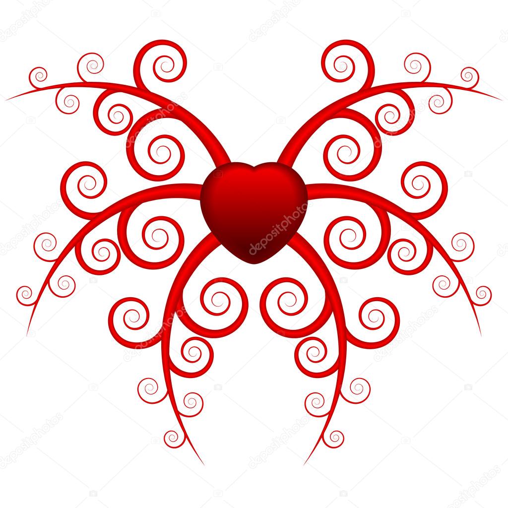 1024x1024 Red Heart And Symetric Floral Design With Spirals. Stock Vector