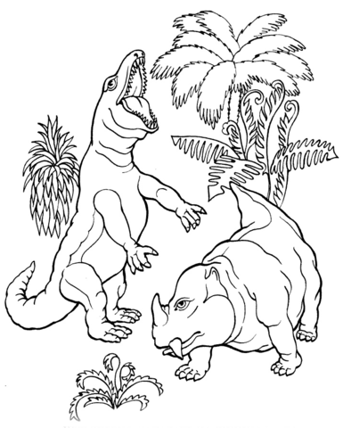 385x480 T. Rex Vs. Dicynodont Dinosaur Coloring Page Free Printable