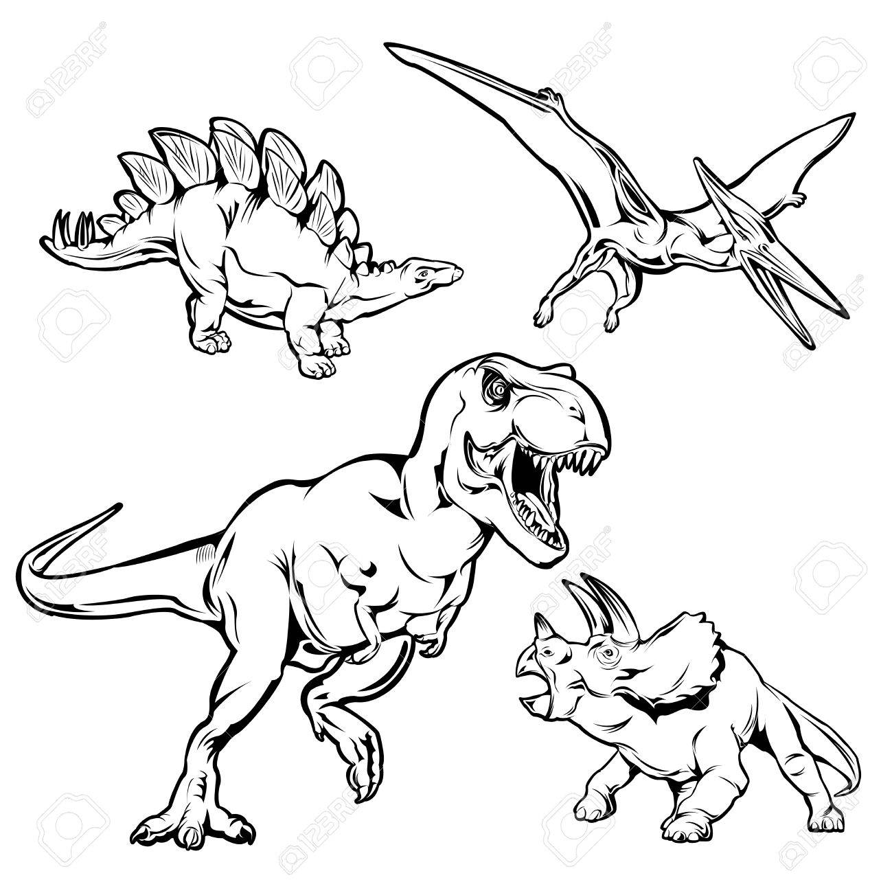 1299x1300 Dinosaurs Monochrome Hand Drawn Icons Set With T Rex Triceratops
