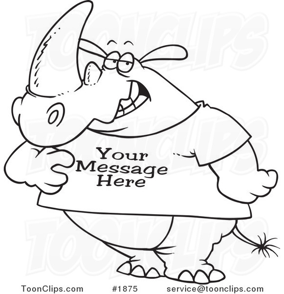581x600 Cartoon Black And White Line Drawing Of A Rhino Wearing A T Shirt