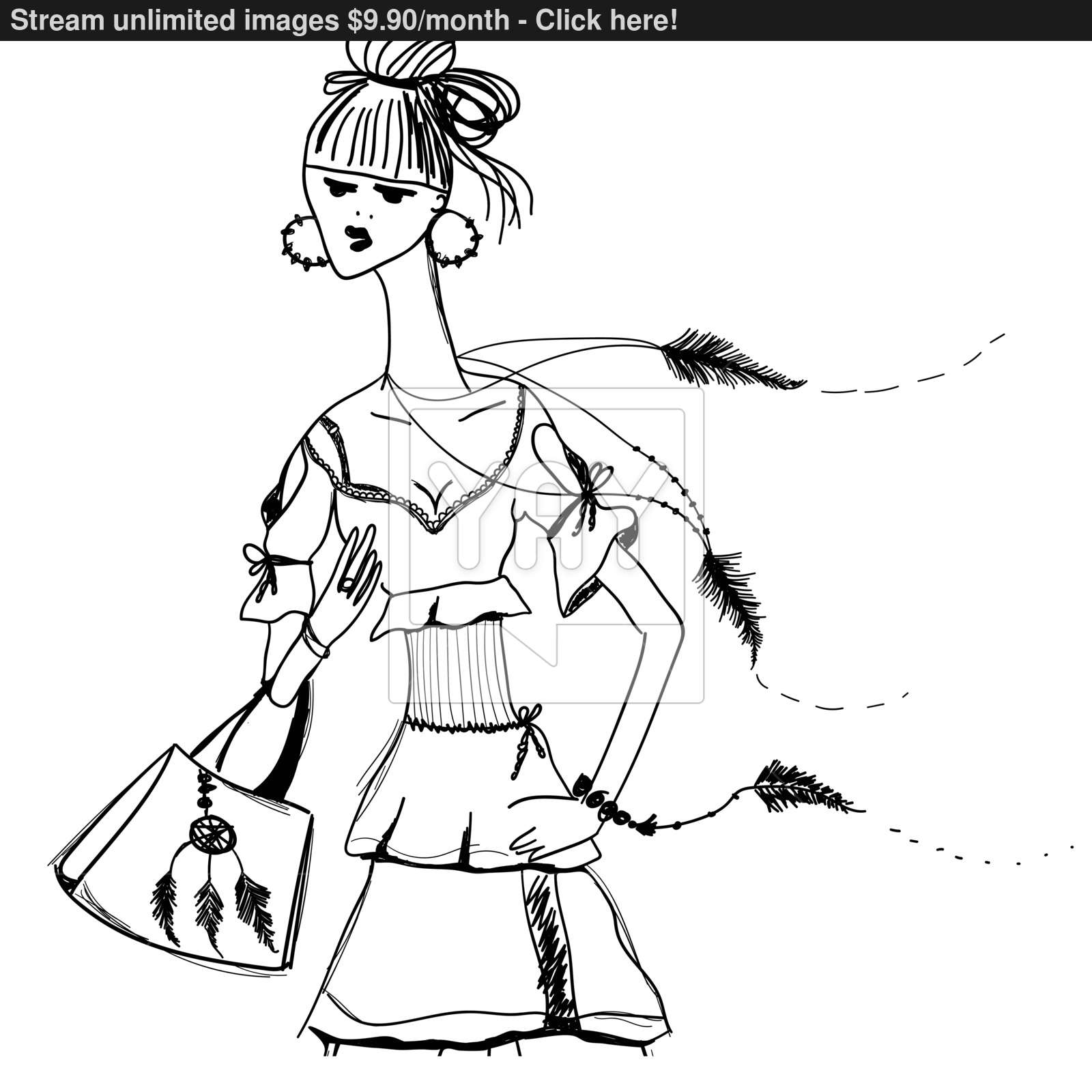 1600x1600 Sketch Of Girl In Gypsy Dress. Boho Style. Linear Pattern On