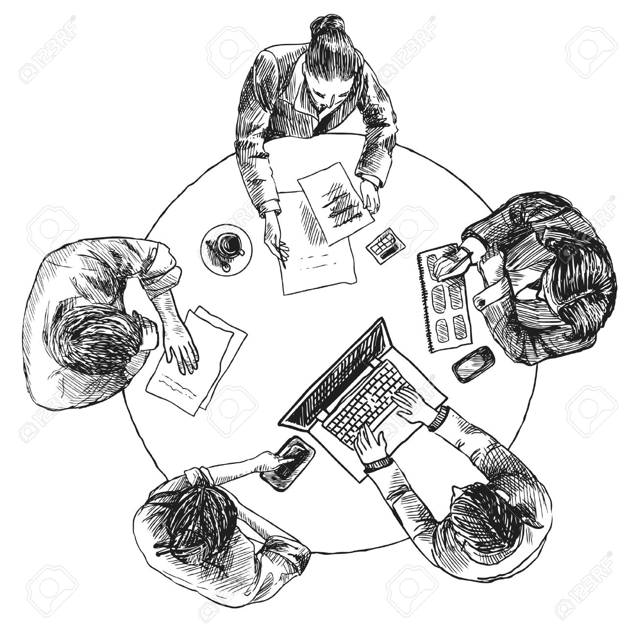 1300x1300 Business Team Meeting Concept Top View People On Table Sketch