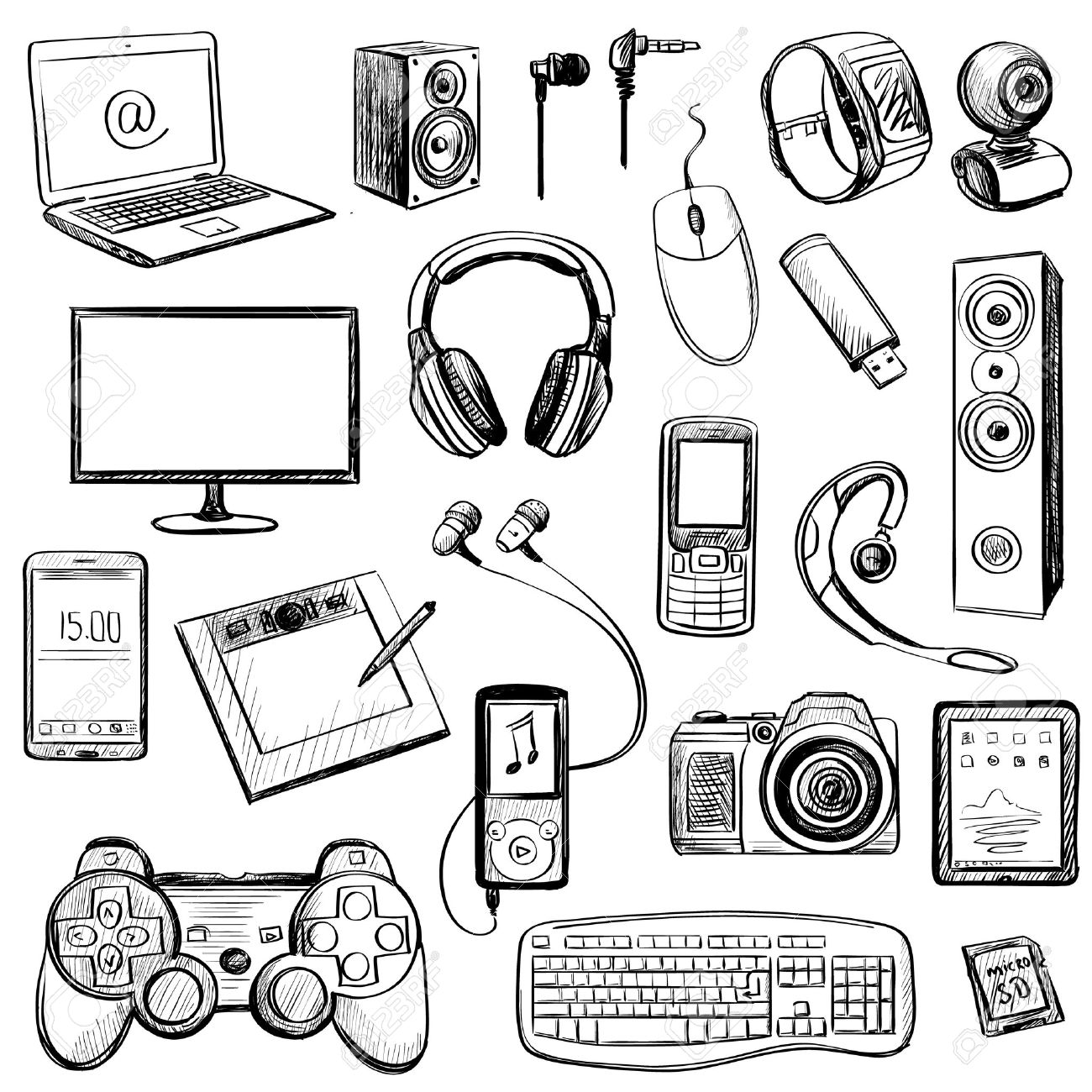 1300x1300 Set Of Hand Drawn Gadget Icons With Notebook, Phone, Game Pad