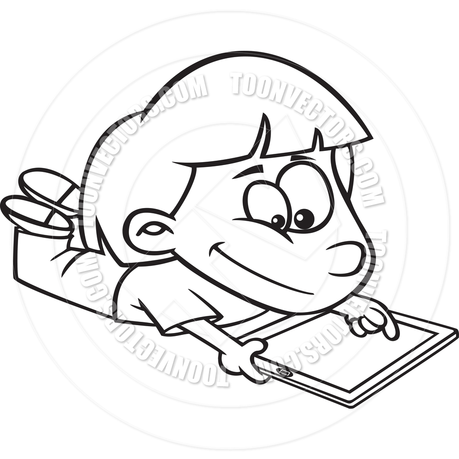 940x940 Cartoon Girl With Tablet Computer (Black And White Line Art) By