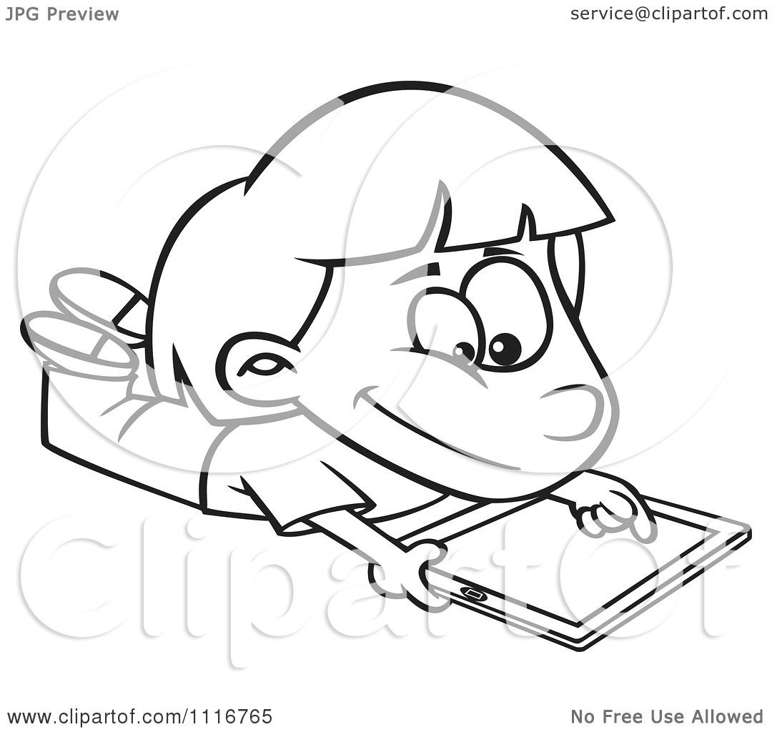 1080x1024 Cartoon Of An Outlined Girl Using An Ipad Tablet Computer