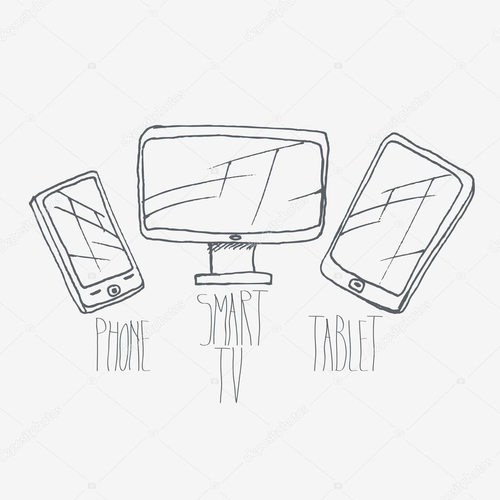 1024x1024 Vector Hand Drawn Smart Phone, Tv And Tablet Set Stock Vector