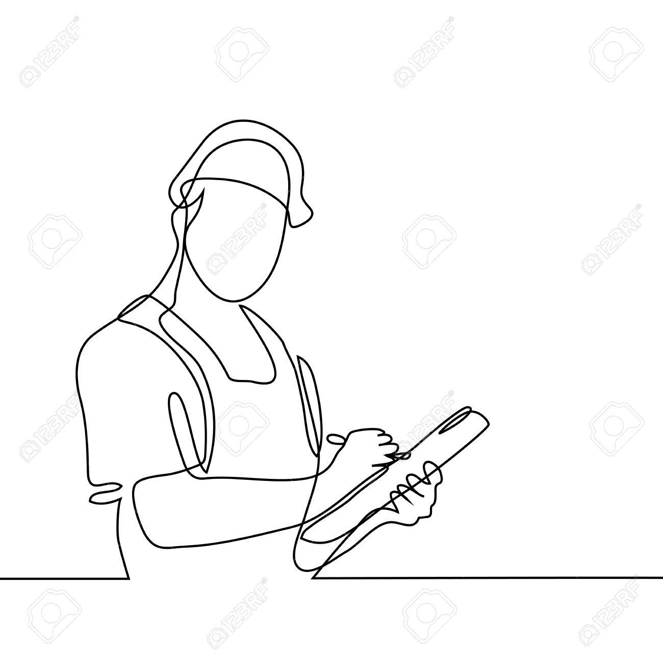 1300x1300 Continuous Line Drawing. Standing Builder Man Holding Tablet