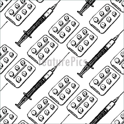 499x500 Sketch Syringe And Tablets Package In Vintage Style Illustration