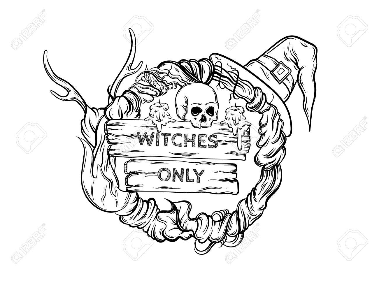 1300x971 Vector Illustration Of Witching Wreath With Horns, Skull, Hat