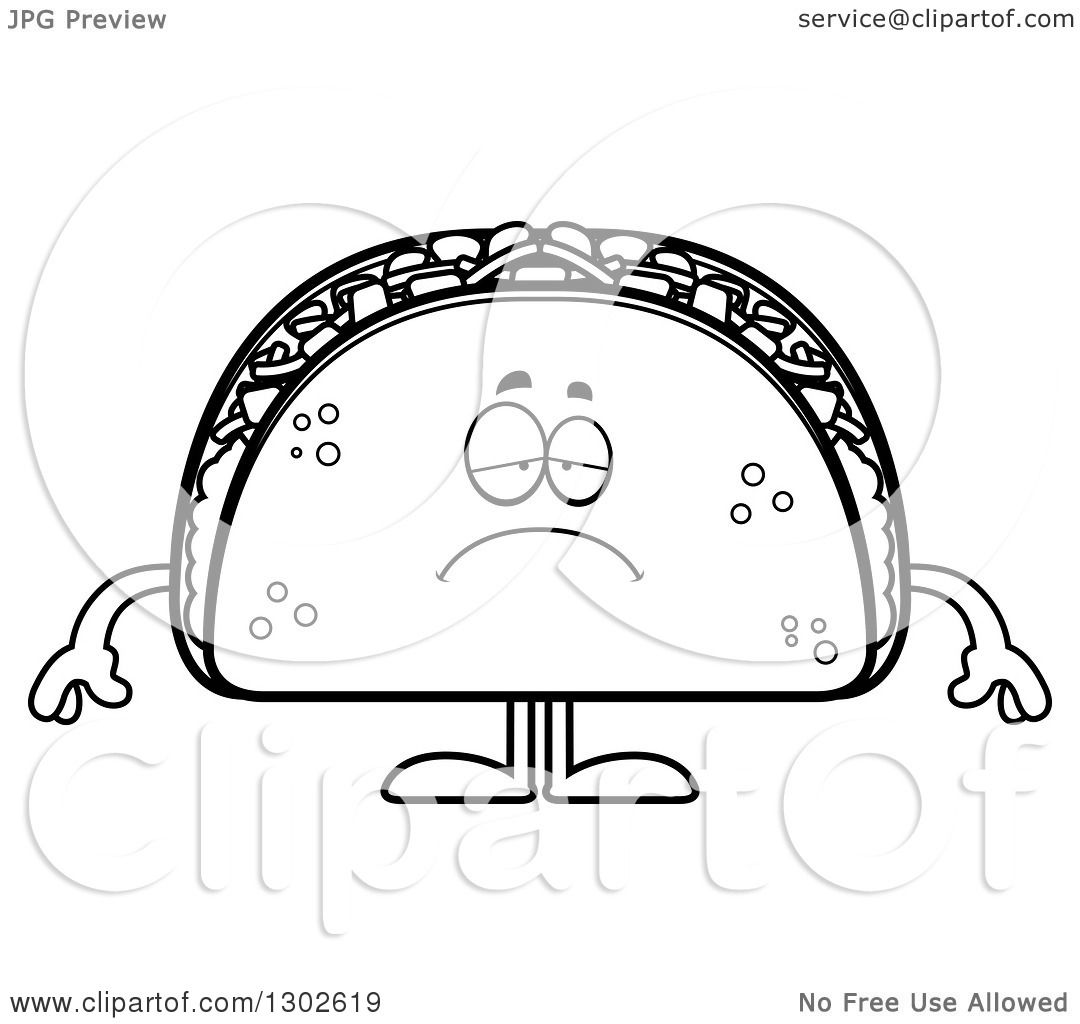 1080x1024 Lineart Clipart Of A Cartoon Black And White Sad Depressed Taco