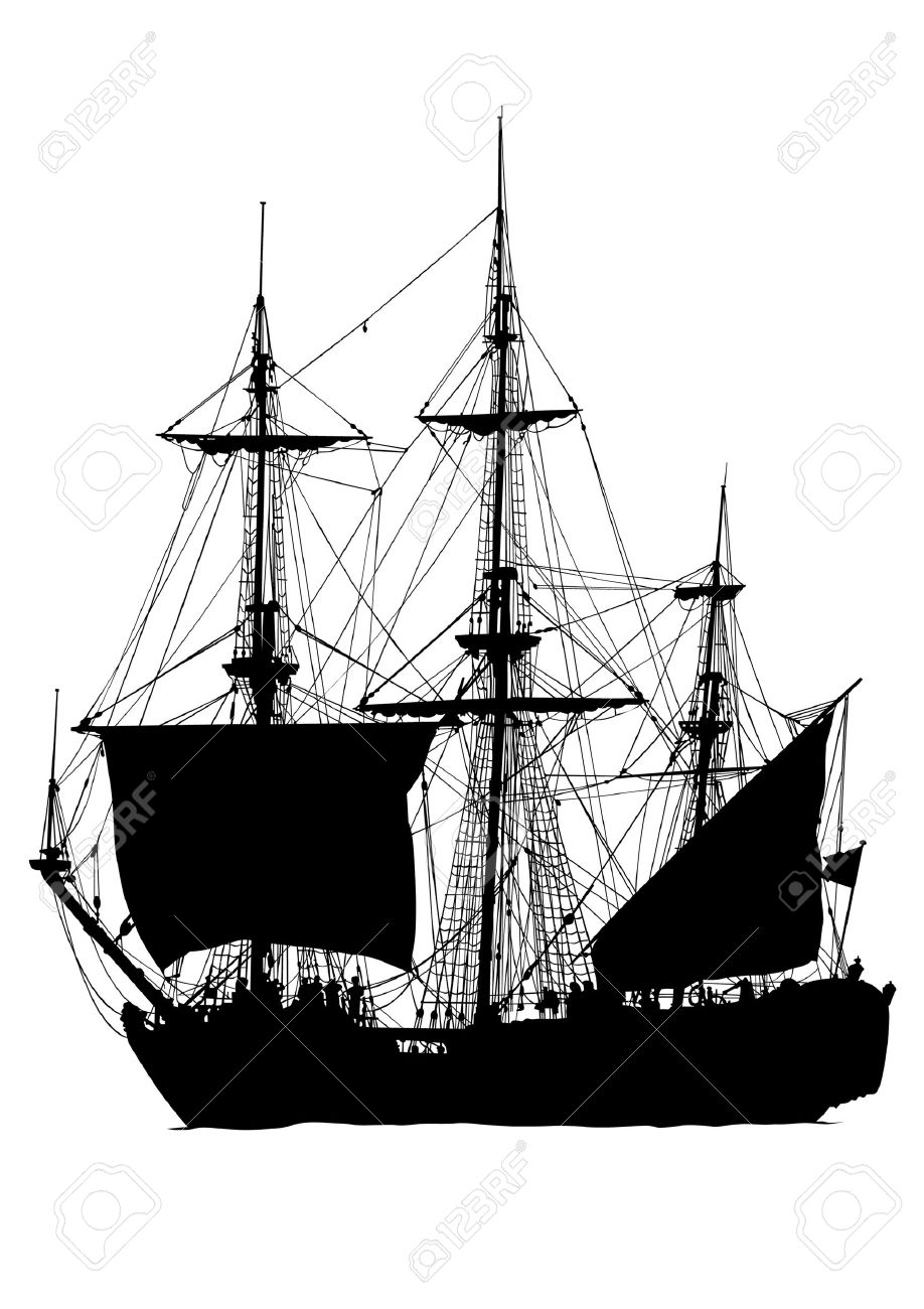 918x1300 Vector Drawing Old Sailing Ship. Silhouette On White Background