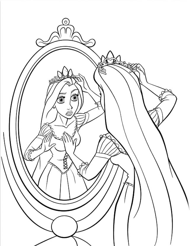 645x832 Princess Rapunzel Is Looking In Front Of The Mirror Coloring Pages