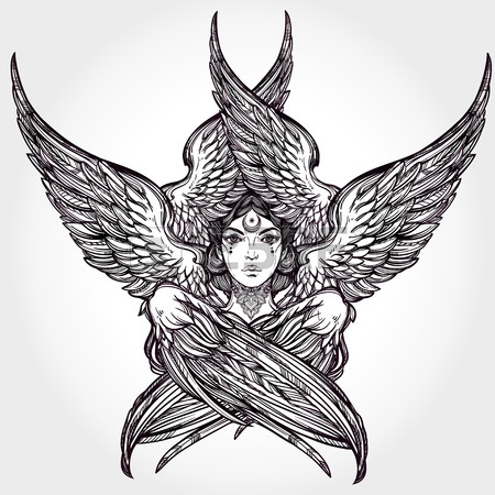 450x450 Hand Drawn Romantic Six Winged Angel. Alchemy, Religion