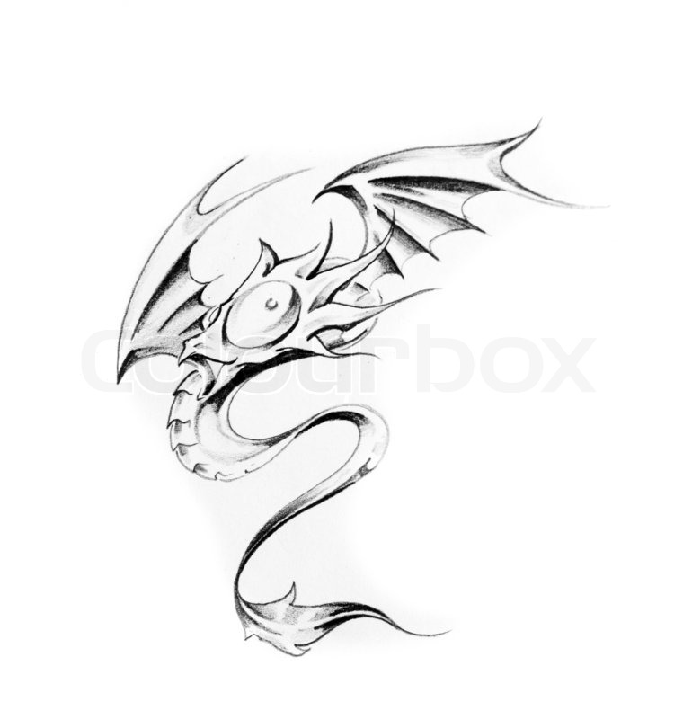 770x800 Medieval Dragon Head. Tattoo Design Over Grey Background. Textured