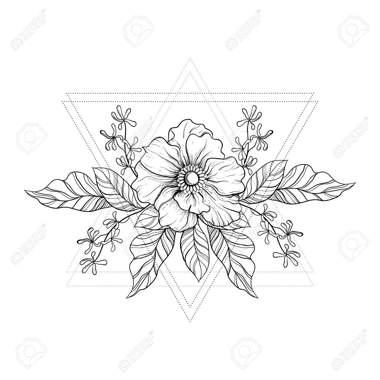 1299x1300 Hand Drawn Boho Tattoo. Blackwork Flower In Hipster Triangles