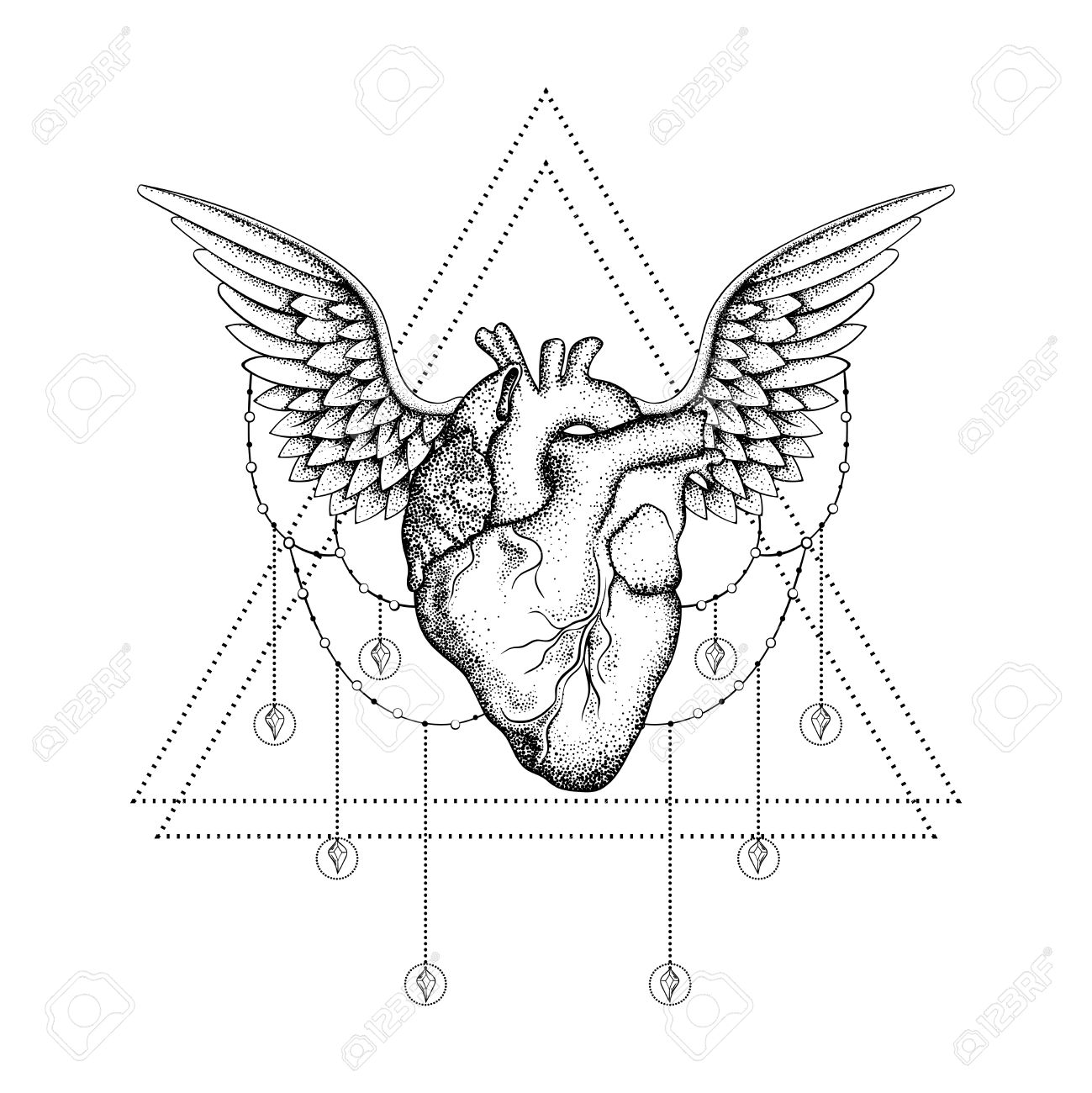 1299x1300 Hand Drawn Boho Tattoo. Blackwork Human Heart With Wings