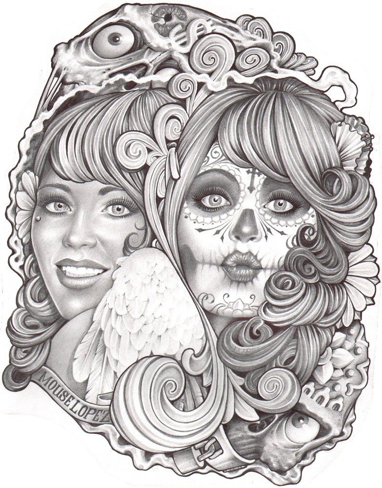 784x1001 Two Ways By Mouse Lopez Sugar Skull Mask Tattoo Canvas Art Print
