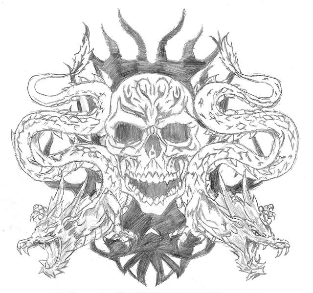 640x600 Skull Twin Dragon Tat By Davidcaffrey