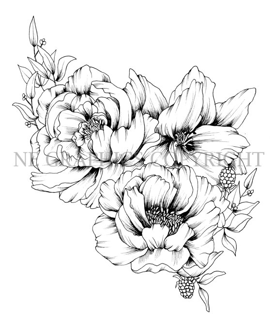 570x665 Original Floral Tattoo Design Hand Drawn Instant By Negraphics