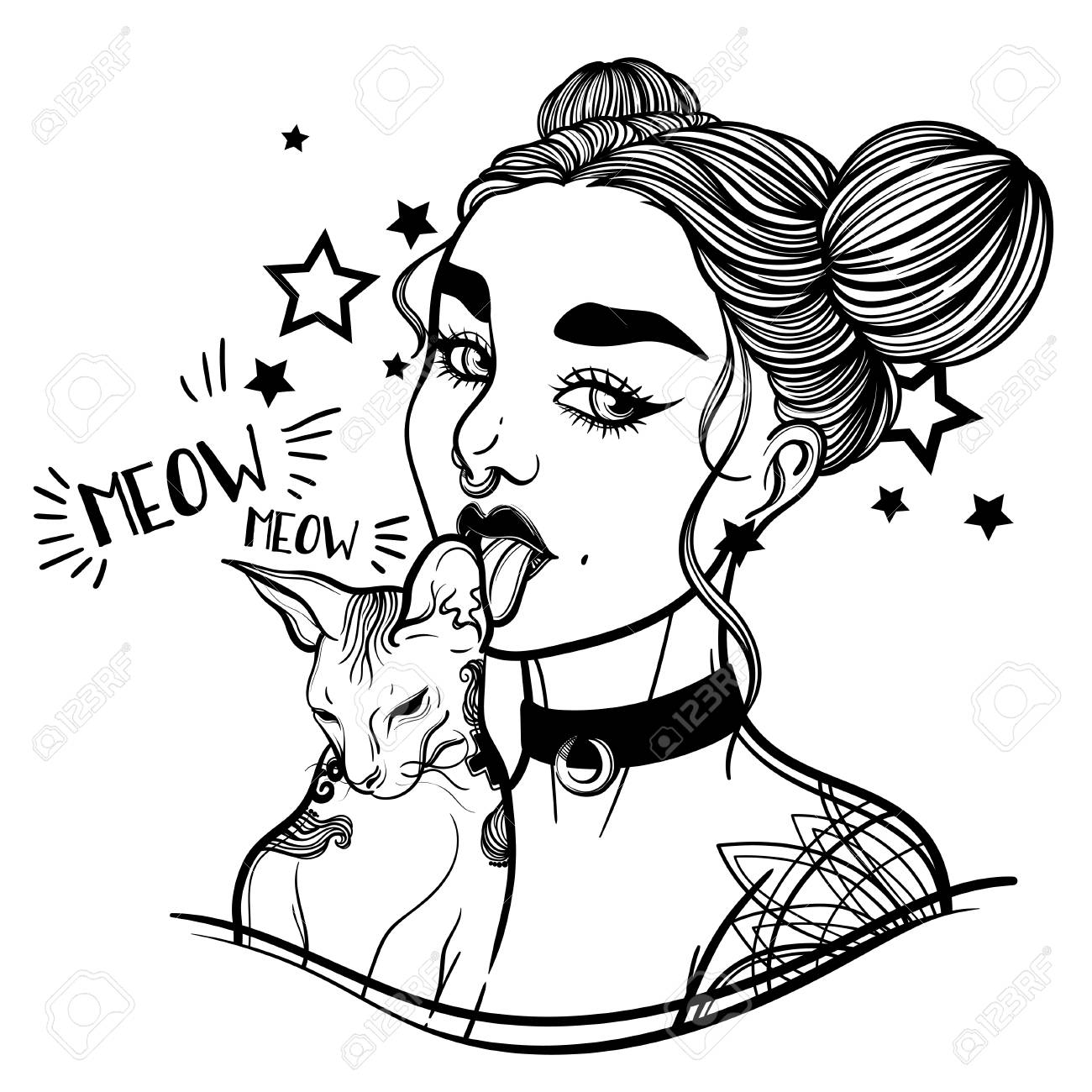 1300x1300 Cute Vector Art Card With Gothic Girl And Her Pet Cat. Fashion