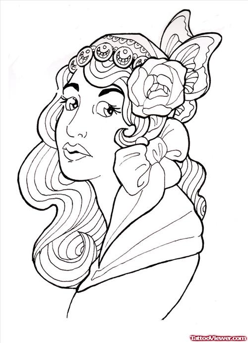 500x691 Outline Gypsy Girl Head Tattoo Design Tattoo