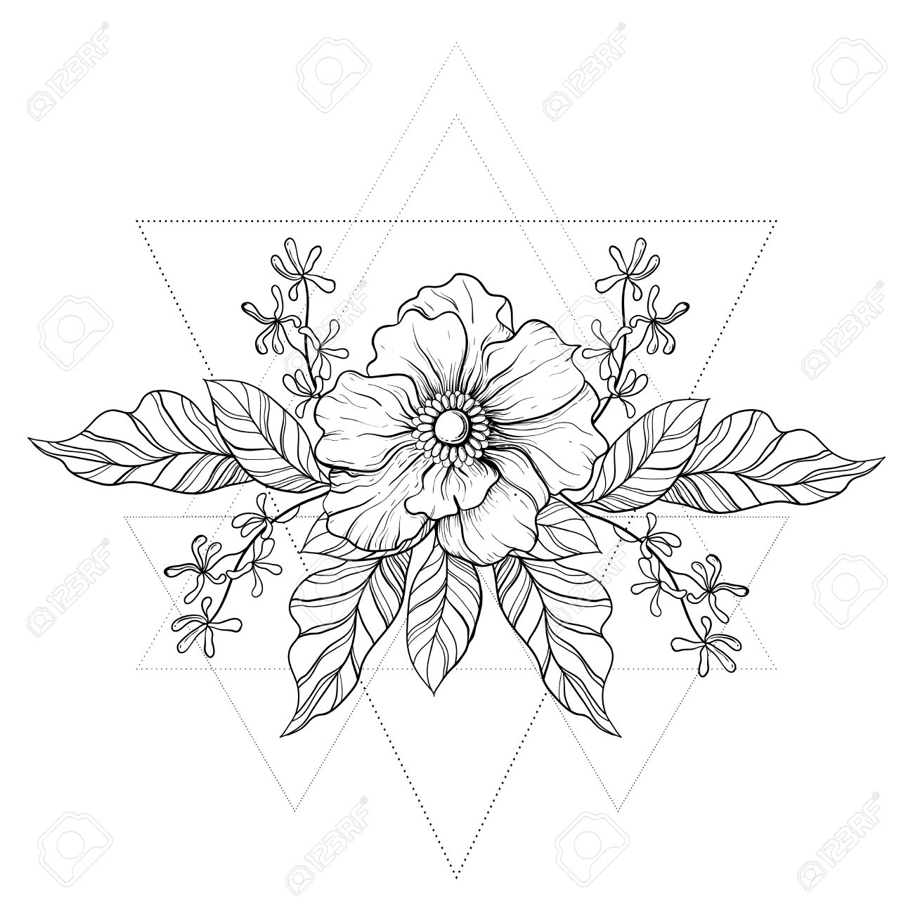 1299x1300 Hand Drawn Boho Tattoo. Blackwork Flower In Hipster Triangles
