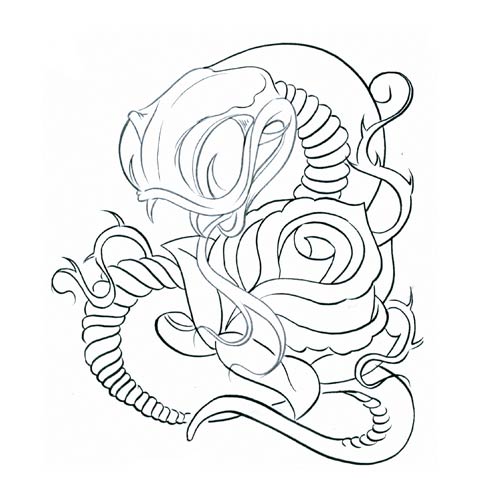500x500 Classic Black Outline Snake With Rose Tattoo Design