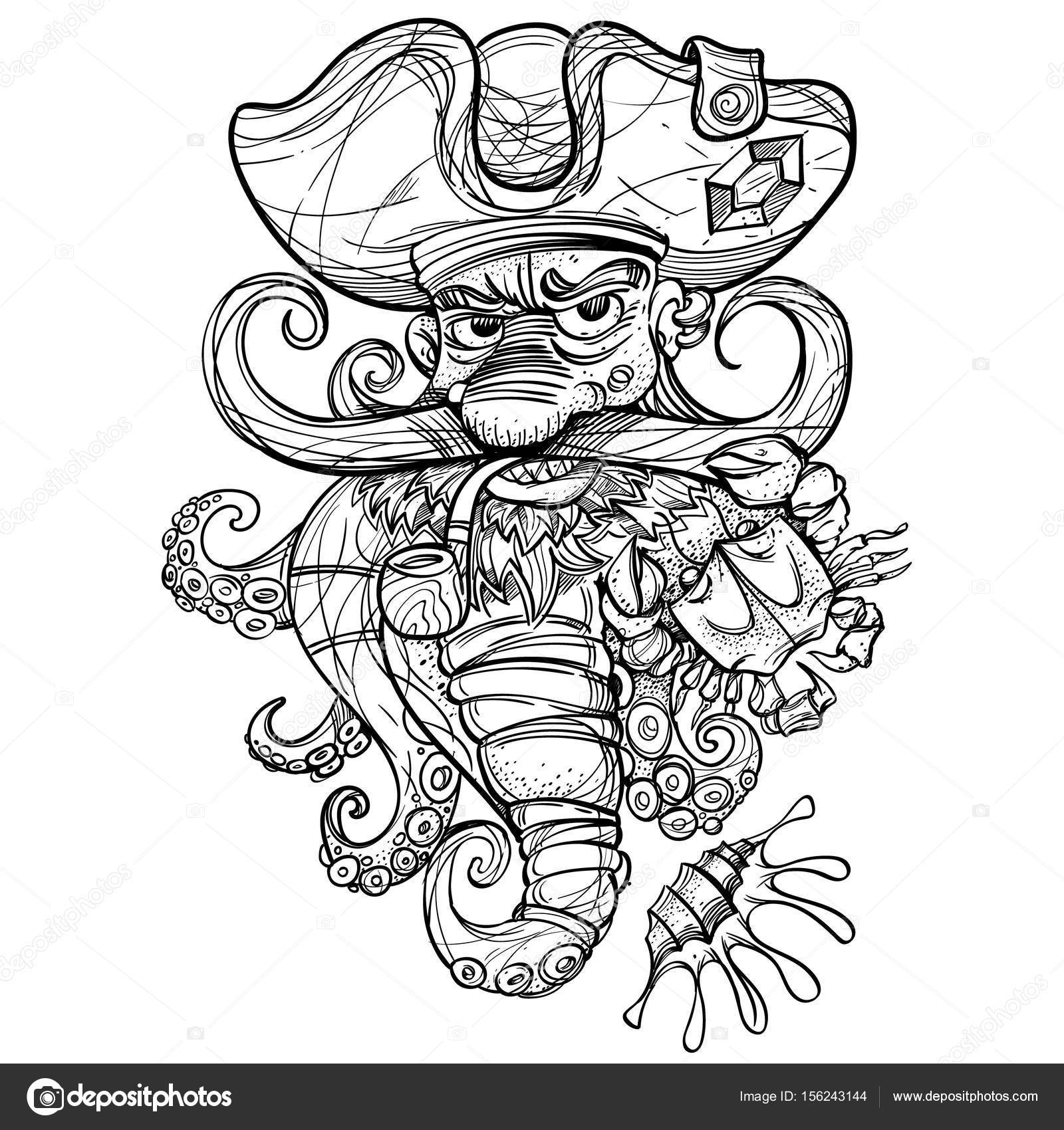 1600x1700 Pirate Octopus Tattoo Sketch. Stock Vector Filkusto