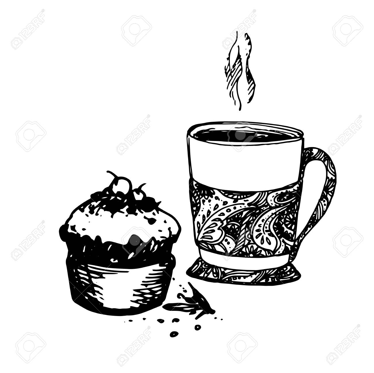 1300x1296 Hand Drawn Sketch Of Tea Cup And Delicious Cupcake. Vintage Sketch