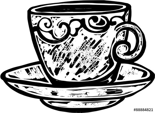 500x365 A Black And White Woodcut Style Drawing Of A Cup Of Tea. Hand
